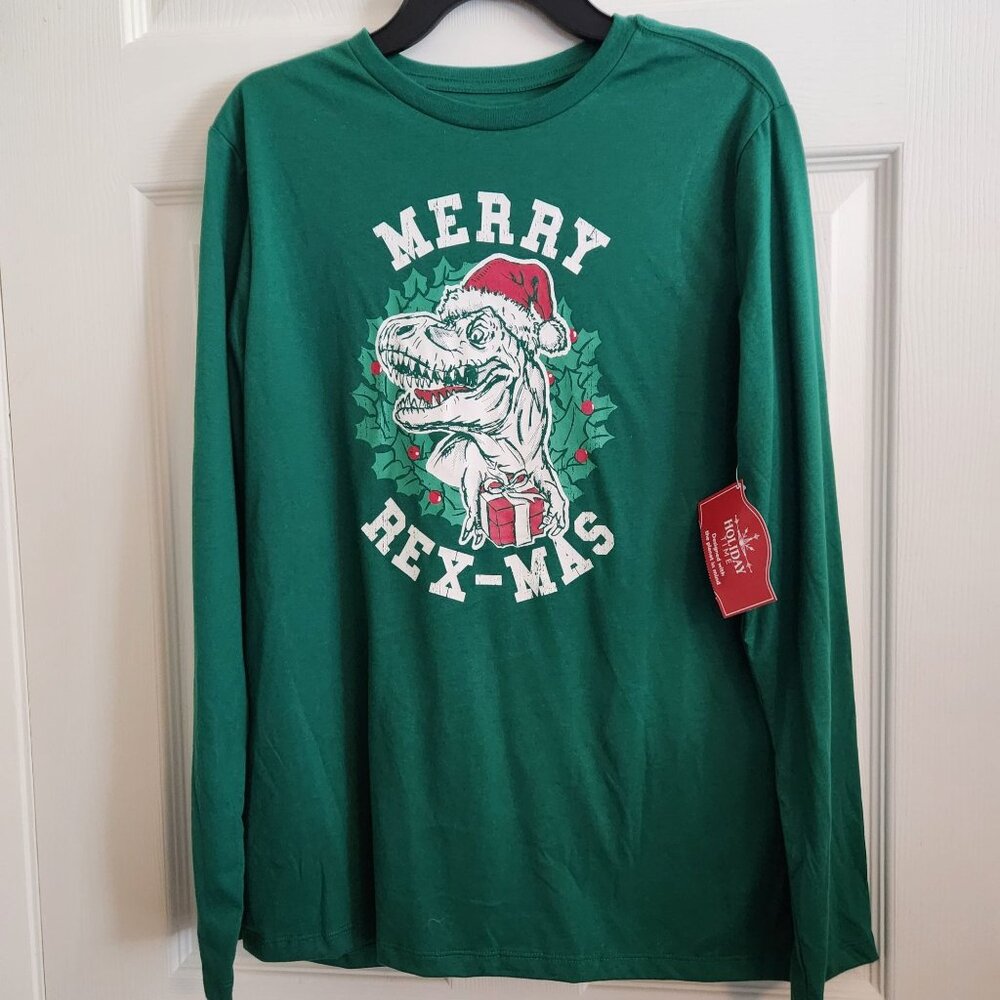 Holiday Time Boys "Merry Rex-Mas" Green Long Sleeve Graphic Tee XXL